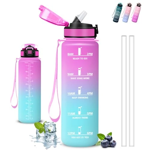 Borraccia 1 litro, Borraccia con Cannuccia, Senza Perdite, Bottiglia Motivazionale, Facile da Pulire, Water Bottle con Orari per Bere, Con Slogan Motivazionale, per Ciclismo, Campeggio, Escursionismo