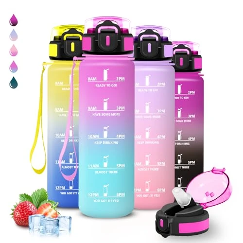 1l Waterfles, Sportfles, Waterfles Met Rietje, Lekvrij, Sportfles, Met Veiligheidsdop, Waterfles Met Tijdmarkering, Waterfles Voor Hiken, Fitness, Kamperen