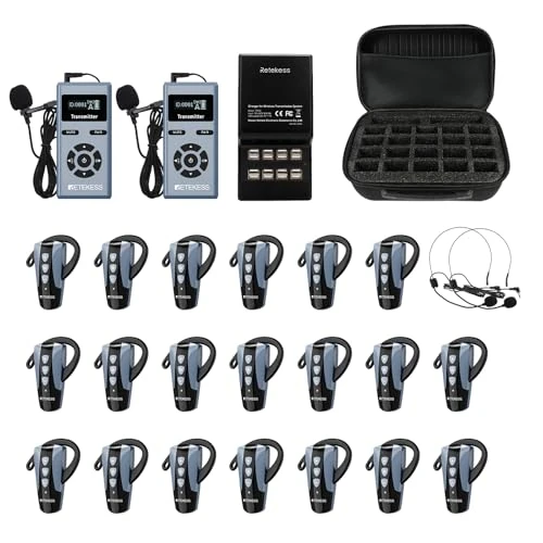 Offerta a tempo: Retekess TT106S Sistema di Guida Turistica Wireless, Ricevitore a Gancio Auricolare, 2.4G, Controllo un-tocco, Porta di Ricarica USB, con Borsa di Stoccaggio (2 Trasmettitori, 20 Ricevitori) - 15% da 679.99 € a 579.99 €