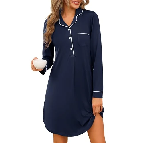 Offerta a tempo: Jahetuul Camicia da Notte Donna Manica Lunga Cotone con Bottoni e Scollo a V Confortevole Abito da Notte Aperta Davanti - 21% da 18.99 € a 14.99 €