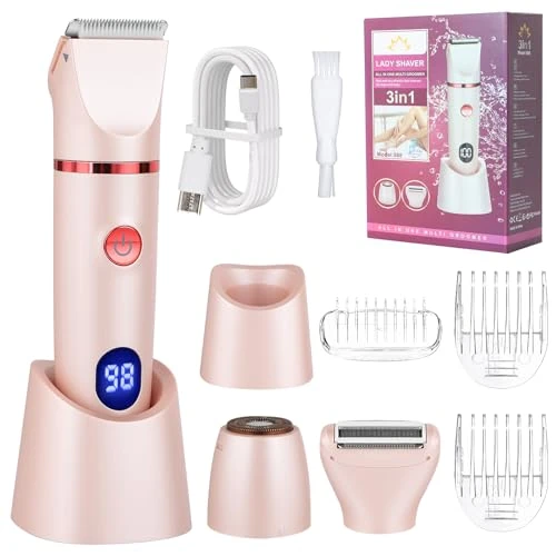 Cozary Women's Shaver Electric 3-in-1, Bikini Trimmer for Body Pubic and Nose, Intimate Shaver for Women, Waterproof, Wet and Dry Use, Rechargeable Trimmer Women, LCD Display