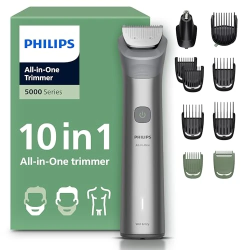 Philips Multigroom 5000 Series All-in-One 10-Piece Trimmer - Shaver and Clipper for Face, Head & Body, Self-Sharpening Full Metal Blades, 11 Length Settings (0.5-16 mm), Model MG5918/15