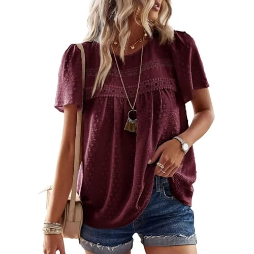 Oferta limitowana: TUUHAW Tunika Damska Letnia Bluzka W Stylu Boho Krótki Rękaw Gorset Koronka Falbany Słodka Elegancka Bluzka Z Okrągłym Dekoltem T-Shirt Stylizacje Na Co Dzień Wiosna Koronka Jesień Ubrania Figowy S z 105.44 zł na 105.44 zł (oszczędź 0.0