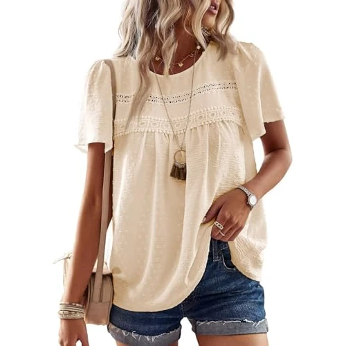 Offerta a tempo: TUUHAW T-Shirt da Donna Pizzo Manica Corta Magliette con Scollo Estive Camicia Casual Abbigliamento Boho Top Maglie Eleganti Tunica Allentate Albicocca S - 23% da 30.99 € a 23.77 €