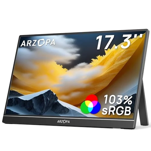 ARZOPA Portable Monitor 17.3 Zoll Großer Tragbarer Monitor mit FHD HDR IPS Display & Standfuß, Perfekt als USB-C und HDMI Zweitbildschirm für Laptop, PC, Smartphone, PS5, Xbox