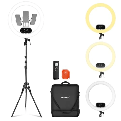 Zeitlich begrenztes Angebot: NEEWER 19" 100W Hochleistungs LED Ringlicht mit Stativ Ständer, RH100B | 3 Handyhalterungen kompatibel mit iPhone, 2900-7000K CRI97+ App&2,4G Steuerung, Selfie Video Make up Streaming Beleuchtung von 239.99 € auf 203.99 € (15%