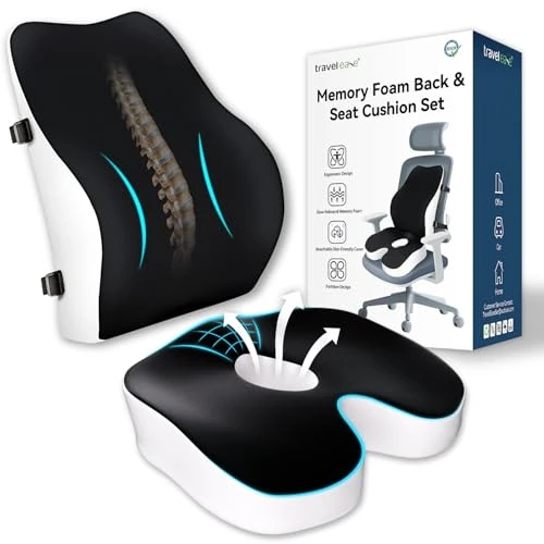 Offerta a tempo: Travel Ease Set Cuscino per Sedia in Schiuma di Memoria e Supporto Lombare, Comfort Ergonomico per Sedia da Ufficio, Sedile Auto, Uso Domestico e Viaggi, Supporto per Schiena e Glutei, Nero - 0.00% da 59.99 € a 59.99 €