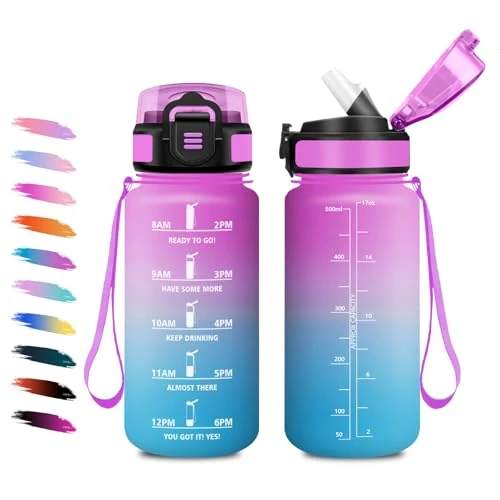 Butelka dla dziewczynek, 500 ml, odporna na wycieki, motywacyjna butelka ze słomką, sportowa butelka na wodę ze znacznikiem czasu, butelka dla dzieci, na kemping, do szkoły, biura, pracy