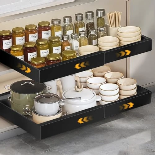 Offerta a tempo: VINATO Cassetti Estraibili Per Cucina, Cassetto Telescopico Con Adesivo, Larghezza Regolabile (32-55 Cm L X 42 Cm P X 7.5 Cm A), Cestelli Ripiano Organizzatore Scorrevole, Nero - 5% da 33.99 € a 32.29 €