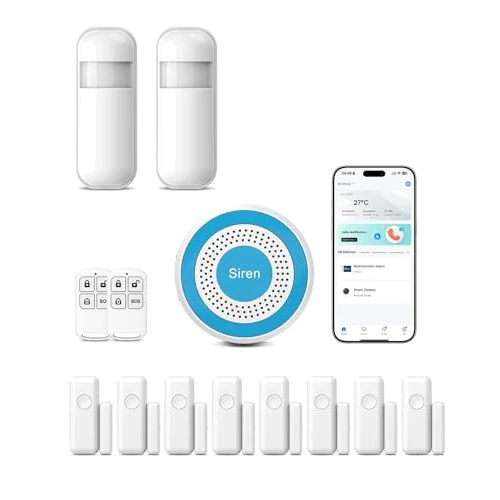 Home Security Alarm Systems, 13 Pieces Kit with Siren, RIP Motion Detector, Door Window Sensor, Remote Control, Smart Life Tuya APP for Villa,Office