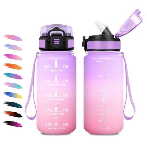 Offerta a tempo: Borraccia Bambini 500ml, Borraccia con Cannuccia, a Prova di Perdite, Facile Pulizia, Bottiglia Acqua Motivazionale con Indicatore del Tempo, Bottiglia per Ufficio, Escursionismo, Bambini, Yoga - 0.00% da 11.95 € a 11.95 €