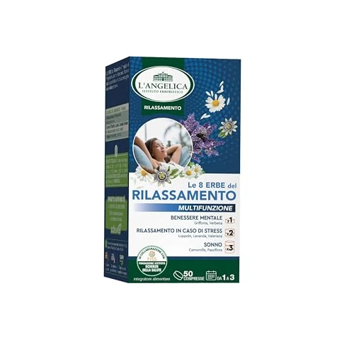 L’Angelica Le 8 Erbe del Rilassamento, Integratore Naturale in Compresse, con Camomilla Passiflora Lavanda, per Rilassamento Benessere Mentale e Sonno, 50 Compresse