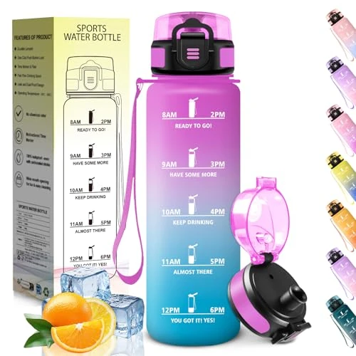 HoneyHolly Butelka na wodę o pojemności 1 l, szczelna, na siłownię, bez BPA, motywacyjna butelka na wodę, wskaźnik czasu, butelka na wodę do siłowni, jazdy na rowerze, biura, na zewnątrz, butelki na