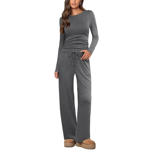 Ekouaer Pijama Mujer Invierno Pijama Largo Mujer Conjunto de Camiseta Manga Entallado Larga y Pantalón Largo Suave, Gris L