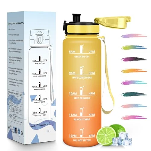 HoneyHolly Sportfles, Lekvrije Constructie, 1000ml Fles met Tijdschaal, Herbruikbaar, Lichtgewicht, Gegradeerde Drinkfles voor Hardlopen, Fietsen, Werk, School