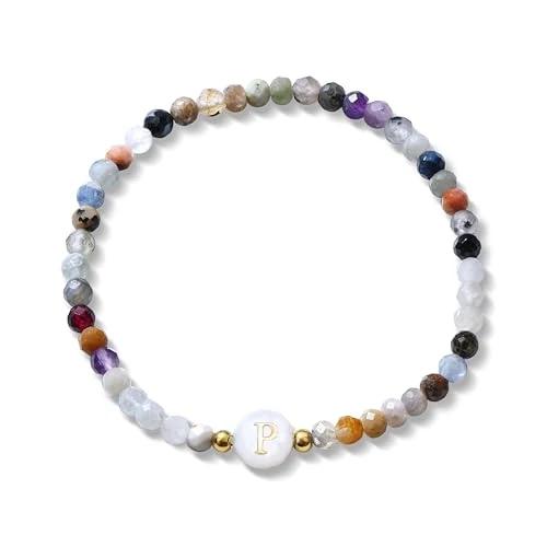 Offerta a tempo: BodyBonita Braccialetti con Iniziale in Pietra Naturale - Elastico Bracciali Personalizzati in Madreperla Sintetica con Lettere P per Donna e Uomo - 71% da 26.82 € a 7.65 €