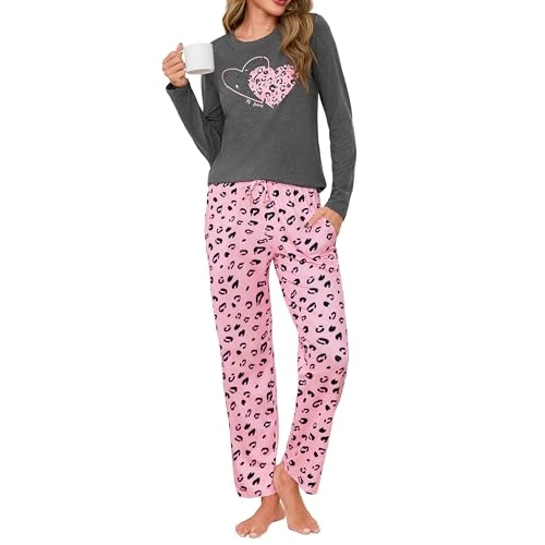 Uniexcosm Pigiama Donna Lungo, Pigiama Due Pezzi Maniche Lunghe+Pantaloni Set Pigiama Cotone Sleepwear Nightwear per Autunno Inverno TB M