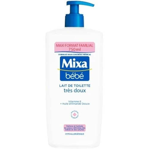 Offerta a tempo: Mixa Baby - Latte da toilette molto delicato all'olio di mandorle e vitamina E, per il bagno quotidiano dei bambini e pelli delicate, pulisce e nutre la pelle, ipoallergenica, 750 ml - 21% da 12.02 € a 9.50 €