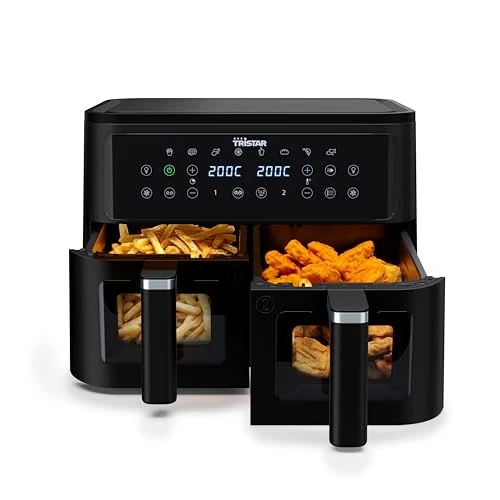 Tristar Friteuse à Air Double Panier, 9 L, 10 Programmes, Écran Tactile, Fenêtres de Cuisson, Sans PFAS, Cuisson Saine Sans Huile, 2500 W, FR-9429, Noir