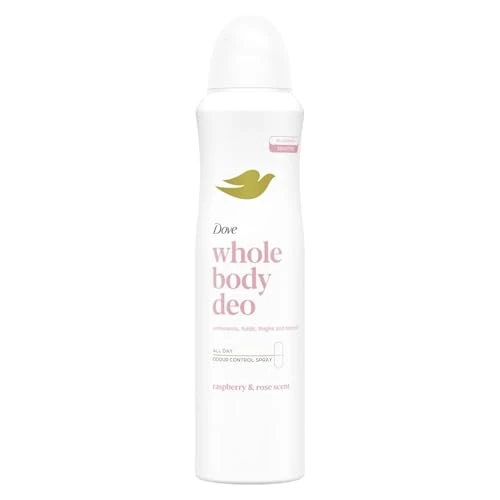 Dove Spray Whole Body Deo 150 ml, odświeżacz powietrza do całego ciała, zapach malin i róża, ochrona przed zapachami do 72 godzin, testowany dermatologicznie, formuła przeciw zabrudzeniom