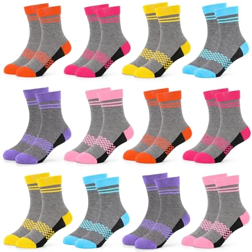 Offerta a tempo: GENTABY Calze da ragazza per bambini, 12 paia di calzini colorati a quadretti, 90% poliestere, traspiranti, calzini sportivi per bambini per ragazze 2-14 anni, taglia 23-40, #2 Calzini grigi, 23-26 - 0.00% da 7.99 € a 7.99 €