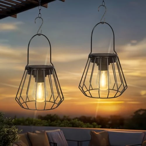 Ketom Pack of 2 Solar Lights for Outdoor Hanging, IP65 Waterproof Metal Solar Lantern for Outdoors, LED Solar Lanterns for Outdoor Use for Garden, Patio, Path, Camping, Lawn, Black, Conical