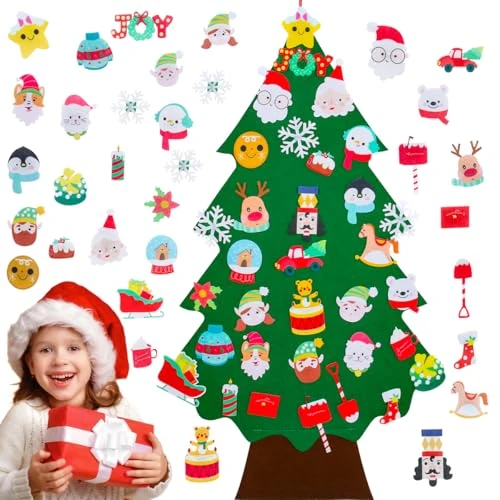 Vilten kerstboom voor kinderen, 3ft Fuzzy Vilt Wandmontage Opknoping Kerstboom Met 34 stks Afneembare Snoep Ornamenten, Peuters Xmas Geschenken Voor Muur/Deur Thuis Kerstversiering Indoor Xmas