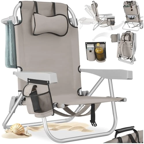 Offerta a tempo: tectake® Sedia da Spiaggia, Spiaggina Pieghevole Funzione Zaino, Sedie da Giardino, Telaio in Alluminio, Sdraio Da Spiaggia, Schienale Regolabile, Sdraio pieghevole, Borsa Termica, Sedia Mare - Beige - 16% da 49.79 € a 41.90 €