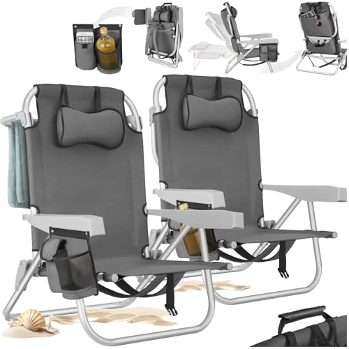 Offerta a tempo: tectake® 2 Sedia da Spiaggia, Spiaggina Pieghevole Funzione Zaino, Sedie da Giardino, Telaio Alluminio, Sdraio Da Spiaggia, Schienale Regolabile, Sdraio pieghevole, Borsa Termica, Sedia Mare - Grigio - 35% da 122.99 € a 79.99 €