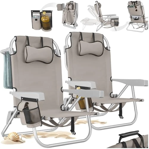 Offre limitée : tectake® Lot de 2 Chaise pliante Chaise Plage Fauteuil Camping, Cadre en Aluminium inoxydable, Dossier réglable 5 positions avec Appuie-tête Porte gobelet Sac isotherme intégré Accessoire plage Voyage de 95.90 € à 48.90 € (49.01% de remise