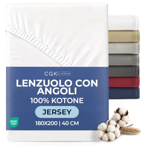 Offerta a tempo: Lenzuolo con angoli 180x200 cm Bianco - 100% Jersey Cotone morbido & traspirante - Tasca 40 cm / 16" - Anti-grinze, Resistente, Ipoallergenico & Traspirante - Certificato OEKO-TEX Standard 100 - 19% da 35.99 € a 28.99 €