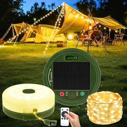 Sprifityy Catena luminosa da campeggio da 10 m, con ricarica solare e USB, con 8 modalità di illuminazione, telecomando, impermeabile, lampada da campeggio per tende, cortili, feste, escursionismo