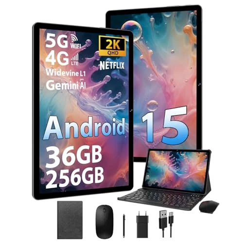 FASTWD Android 15 Tablet 11 Inch Touch Tablet Con 4G LTE /5G WiFi, Octa-Core, Gemini AI, 36GB RAM+256GB ROM, 9580mAh, Face ID, TÜV, GMS, GPS, BT5, Tablet with Keyboard, Black