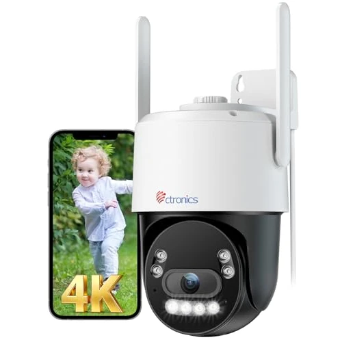 Ctronics Zewnętrzna kamera nadzorująca 4K WiFi 8MP PTZ z kolorowym noktowizorem, wykrywanie człowieka/pojazdów/zwierząt, WiFi 2,4/5 GHz, kompatybilna z NVR, dwukierunkowy dźwięk, IP66