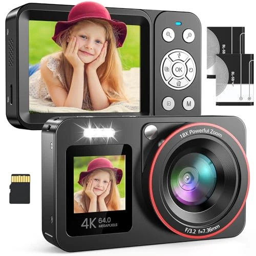 Digitale camera 4K 64MP FHD fotocamera voor kinderen, 18x digitale zoom, compacte camera met 2 beeldschermen, 64 GB SD-kaart voor kinderen, tieners, beginners, zwart