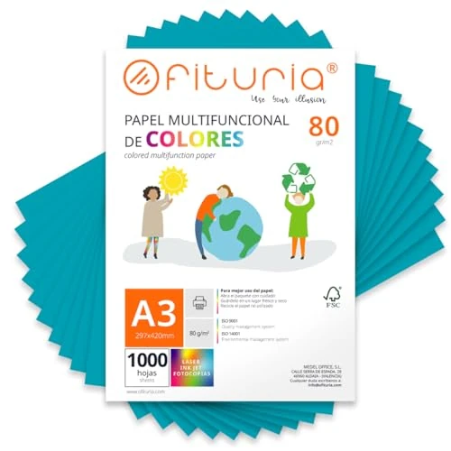 Offerta a tempo: OFITURIA Fogli colorati, Confezione da 1000 Fogli A3 80 g – Carta colorata per hobby creativi, stampante, scrapbooking – Fogli colorati (Turchese, 1000 fogli) - 0.00% da 107.16 € a 107.16 €