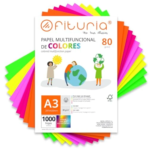 Kleurpapier, verpakking met 1000 vellen A3, 80 g, kleurrijk papier voor knutselwerk, printer, scrapbooking, ideaal voor origami, Papyroflexia, kantoor en school (fluor-assortiment, 1000 uur)