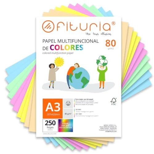 Fogli Colorati, Pacco 250 Fogli A3 80gr – Carta Colorata para Lavoretti, Stampante, Scrapbooking – Fogli Colorati – Ideale Origami, Papiroflessia, Ufficio y Scuola (Selezione Pastello, 250h)