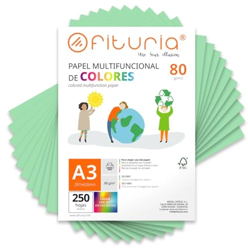 Folios de Colores, Pack 250 Hojas A3 80gr – Papel de Colores para Manualidades, Impresora, Scrapbooking – Folios Colores – Ideal Origami, Papiroflexia, Oficina y Escuela (Verde Claro, 250h)
