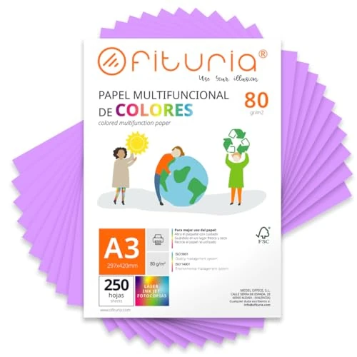 Offerta a tempo: OFITURIA Fogli colorati, Confezione da 250 Fogli A3 80 g – Carta colorata per hobby creativi, stampante, scrapbooking – Fogli colorati (Lilla, 250 fogli) - 0.00% da 43.57 € a 43.57 €