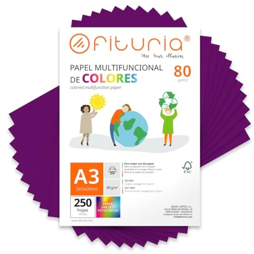 Offerta a tempo: OFITURIA Fogli colorati, Confezione da 250 Fogli A3 80 g – Carta colorata per hobby creativi, stampante, scrapbooking – Fogli colorati (Viola, 250 fogli) - 0.00% da 50.21 € a 50.21 €