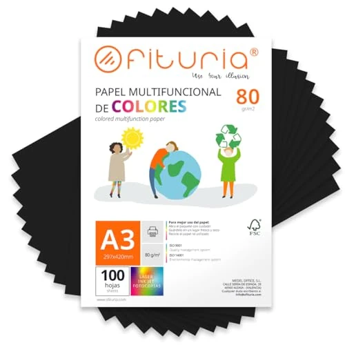 Limited offer: Coloured Sheets, Pack 100 Sheets A3 80 g – Coloured Paper for Crafts, Printer, Scrapbooking – Folios Colours – Ideal Origami, Papiroflexia, Office and School (Black, 100h) from 18.11 EUR to 18.11 EUR (save 0%)