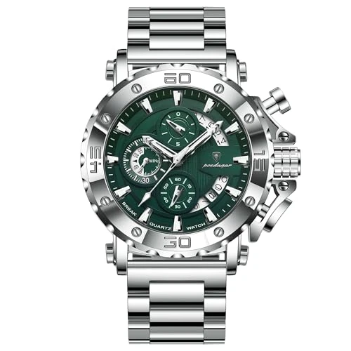 Tijdelijke aanbieding: Poedagar Luxe Horloge Voor Mannen Kalender Lichtgevende Waterdichte Zakenman Klok Mannelijke Chronograaf Rvs Mannen Quartz Horlo, Zilver Groen van 31.99 € naar 31.99 € (0.0% korting)