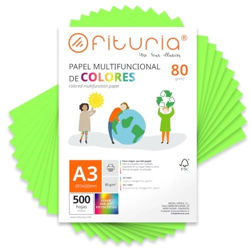 Offerta a tempo: OFITURIA Fogli colorati, Confezione da 500 Fogli A3 80 g – Carta colorata per hobby creativi, stampante, scrapbooking – Fogli colorati (Verde Fluo, 500 fogli) - 0.00% da 29.42 € a 29.42 €