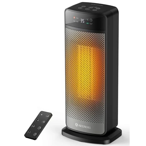 Ateroll PTC Energiebesparende ventilatorkachel, 2000 W, keramische verwarming met afstandsbediening, 70 graden oscillerend, eco-modus, 24-uurs timer, 16 inch elektrische verwarming voor ruimtes