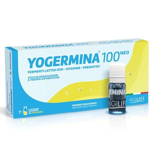Offerta a tempo: ALGILIFE Yogermina 100, Flaconcini Fermenti Lattici Probiotici e Prebiotici per Intestino, 16 miliardi CFU, sostegno in caso di Intestino Pigro Gas Intestinali e Gonfiore (1 Confezione da 7 dosi) - 26% da 13.50 € a 9.97 €