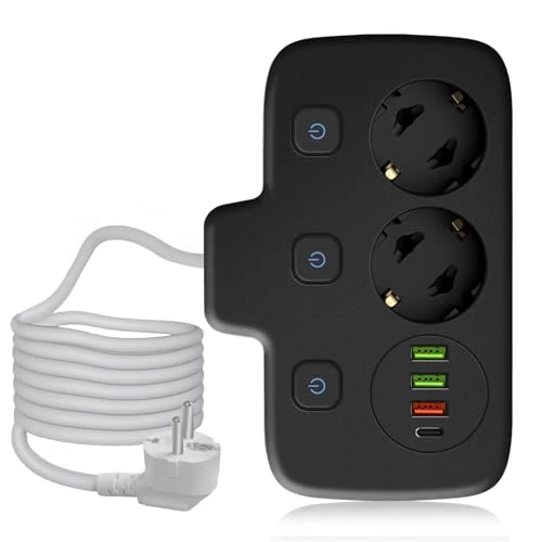 Anluomafuy Power Strip with Switch and 4 USB Ports, Multi-Socket for Electrical Appliances and Lightings, 2500 W 10 A Power Socket, 2 M Cable, for Home and Office (Black)