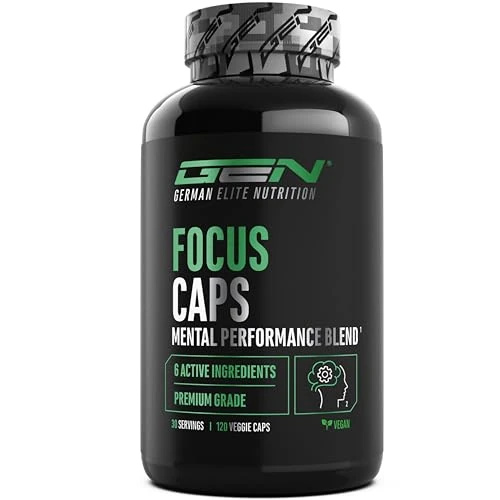 Focus Caps - 120 Kapseln - Mental Performance Blend mit L-Theanin, Grüntee, Guarana, Citrus Aurantium Extrakt Koffein, D-Glucuronolactone - Hochdosiert, vegan
