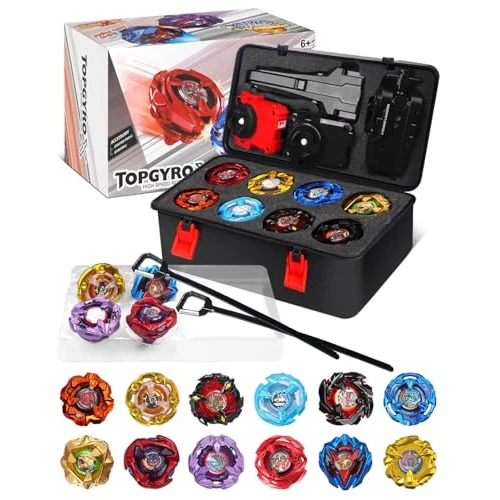 Offerta a tempo: X set da battaglia per trottole a scatola, Set da Battle Spinner, 12 trottole a scoppio 3 lanciatori 1 manico, giocattoli per bambini, regalo di compleanno ideale per bambini dai 6 anni (X4-12PCS) - 4% da 46.99 € a 44.99 €
