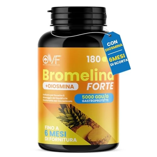 OVF Bromelina Forte con Diosmina 180 Capsule, Drenante Forte 5000 GDU/g, Drenante Gambe, Ritenzione Idrica Gambe, Microcircolo e Circolazione Gambe - Made in Italy